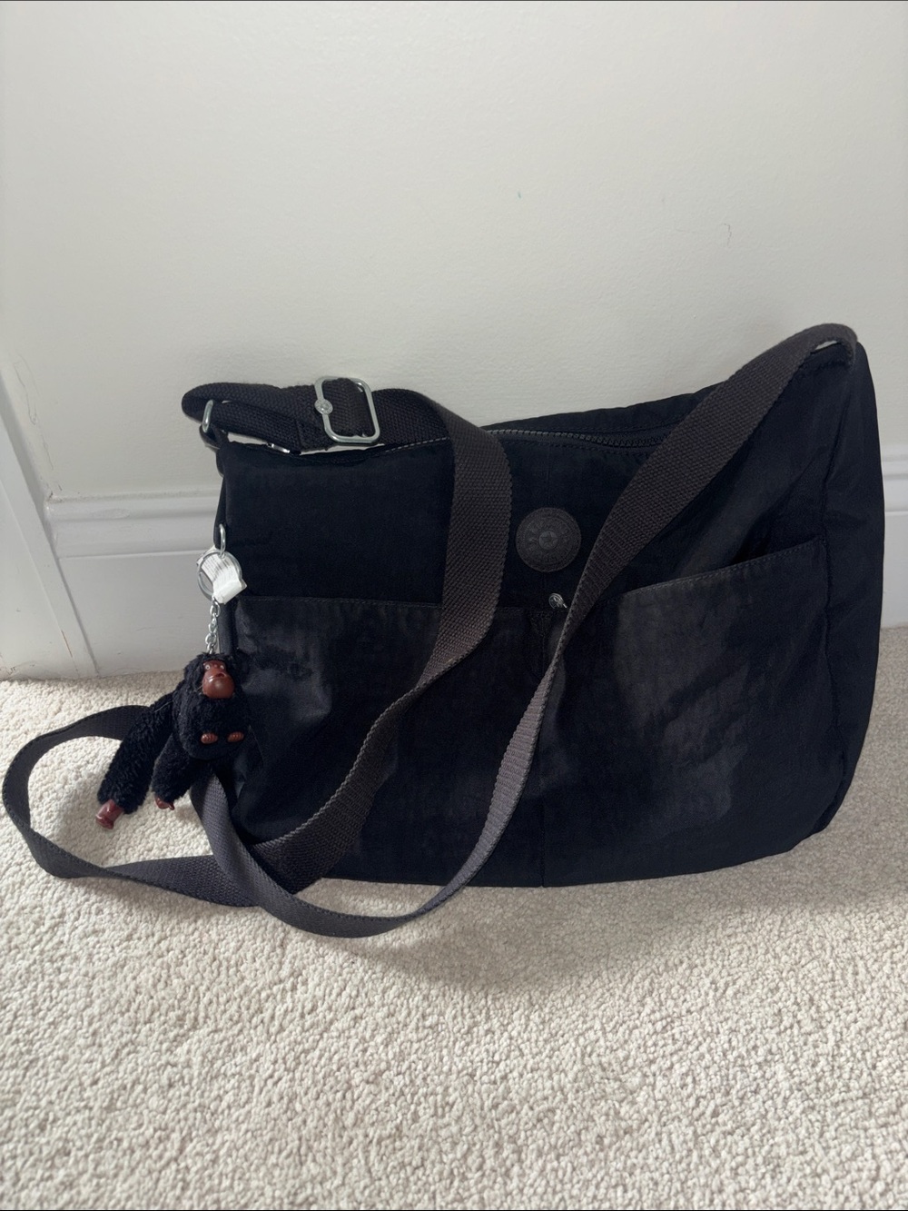 Kipling Black Nylon Shoulder Bag with Monkey Charm